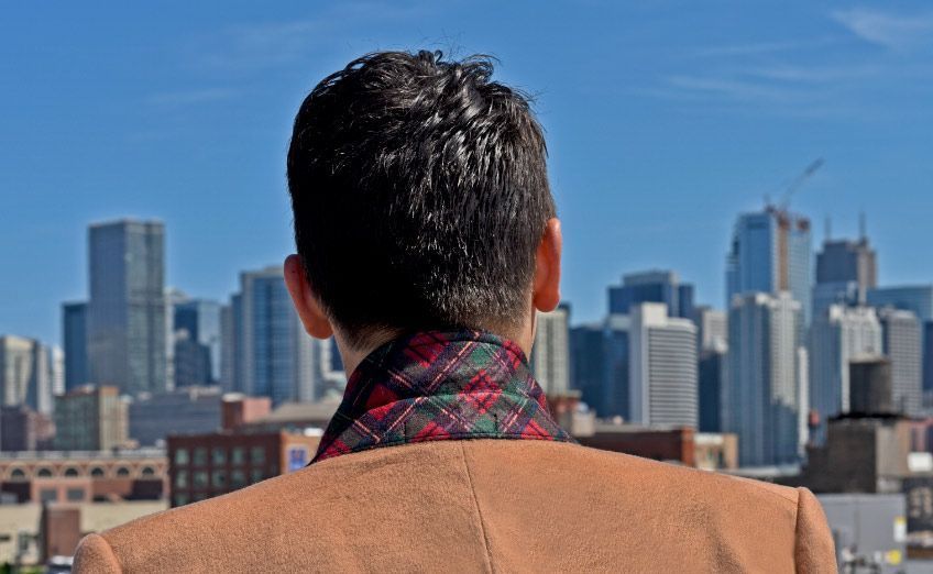 Chicago Senszio Suit Coat Winter Skyline View 848x522