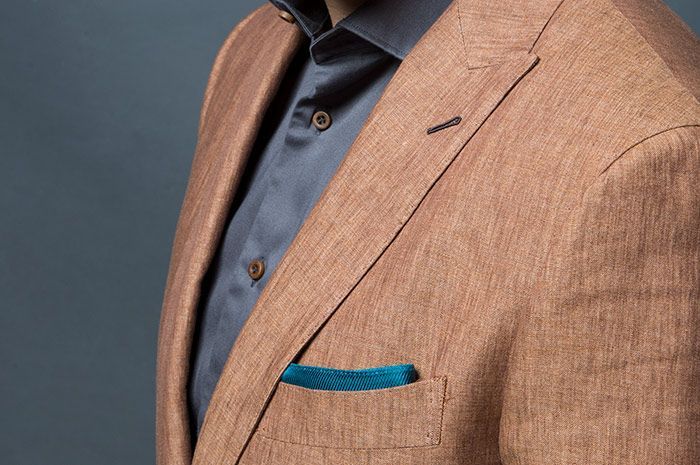 Brown Linen Suit Close Detail Jacket Lapel Milanese Boutonniere