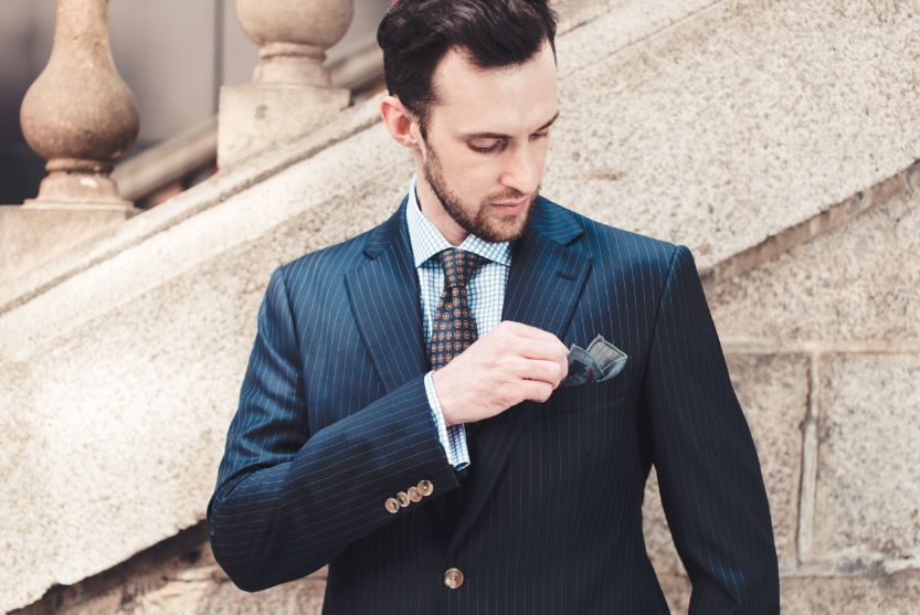 Style Inspiration Mens Lookbook Navy Pinstripe Suit Graph Check Shirt Pocket Square 833x557