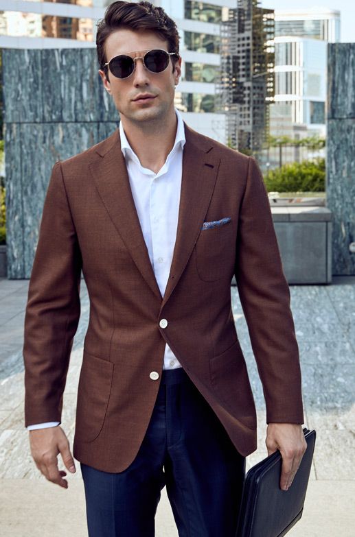 Style Inspiration Mens Lookbook Stallion Brown Jacekt Navy Trouser White Shirt 517x783