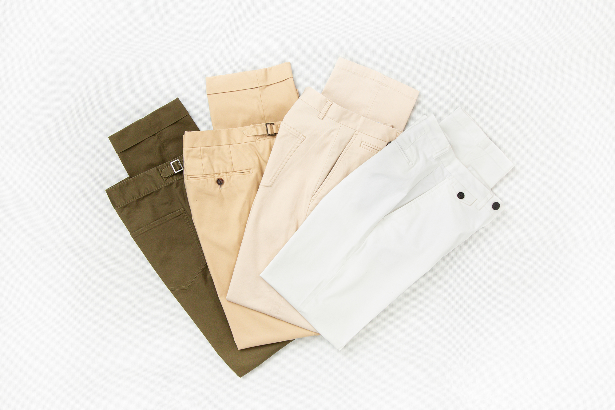 Senszio custom tailored chinos come in a variety of colors, such as shades of brown, cream and white