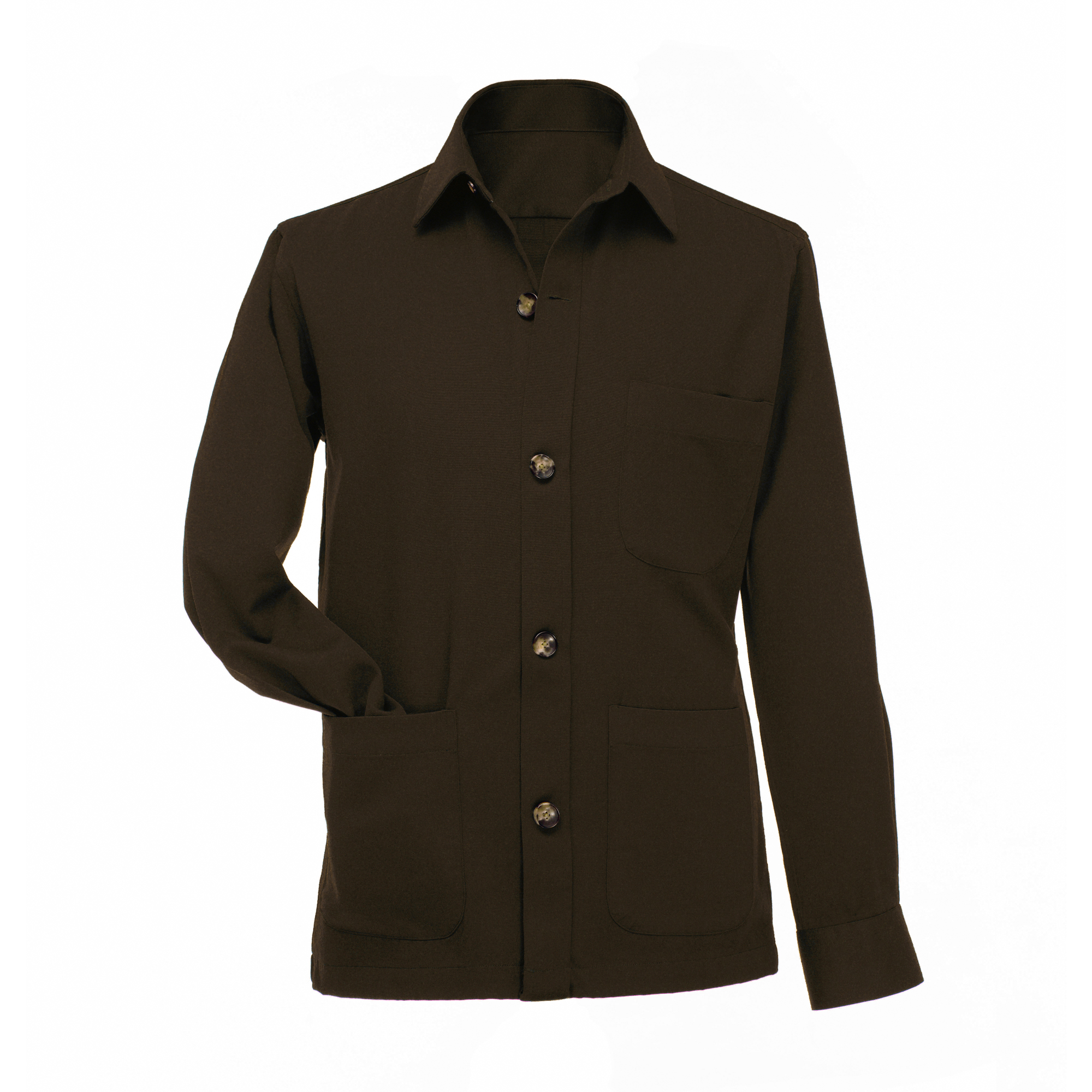 Flat lay of dark brown shirt jacket, custom tailored by Senszio as part of the men