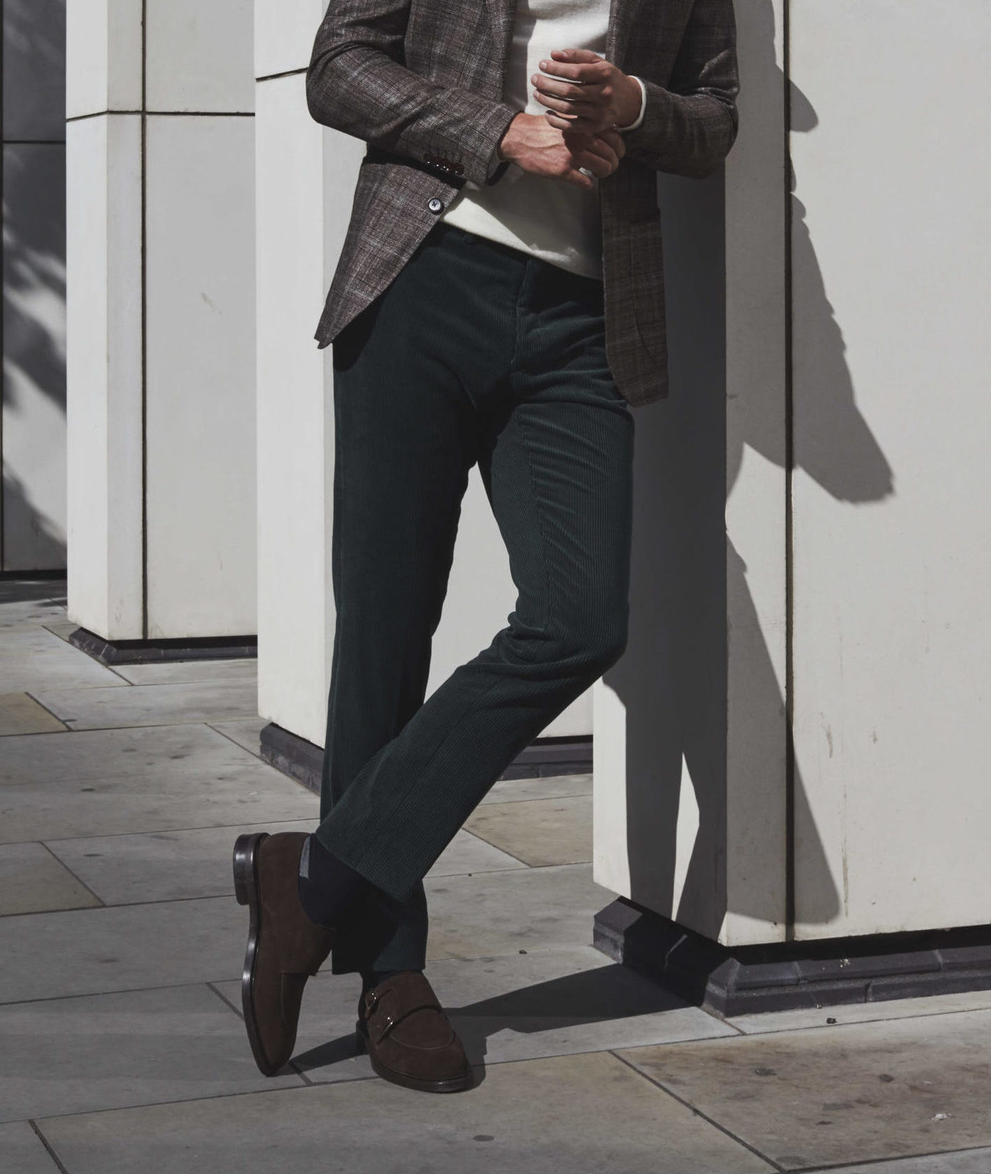 Model in green corduroy chinos, part of Senszio